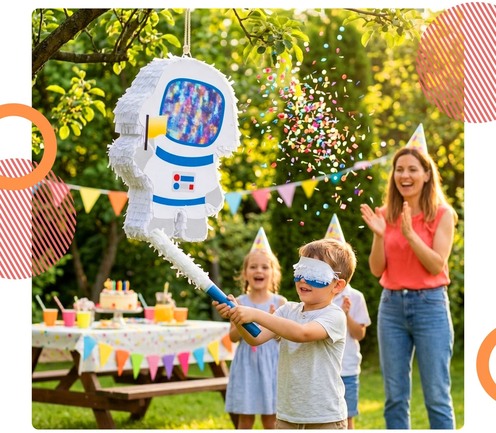 Relaxdays Astronauto piñatos rinkinys su lazda ir kauke