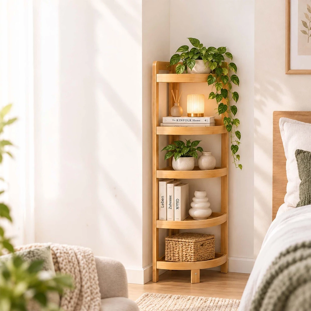 Relaxdays Bambukinė kampinė lentyna su pusapvalėmis lentynėlėmis, pastatoma ant grindų