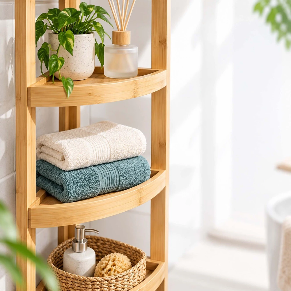 Relaxdays Bambukinė kampinė lentyna su pusapvalėmis lentynėlėmis, pastatoma ant grindų