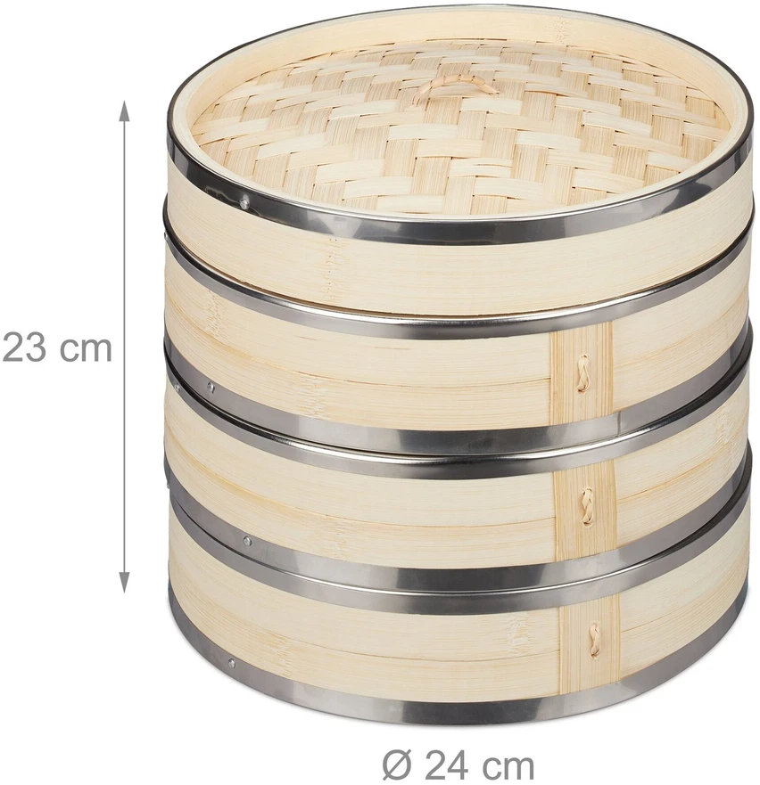Garų puodas Relaxdays bambuko garlaivis 3 lygių Ø24cm metaliniai žiedai