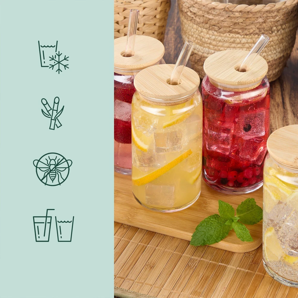 Relaxdays 4 geriamųjų stiklinių rinkinys su bambukiniu dangteliu