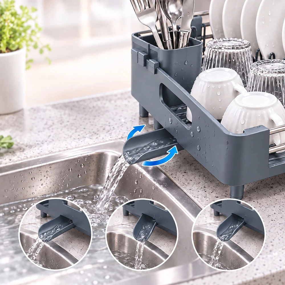 Relaxdays Ištraukiama nerūdijančio plieno indų džiovykla su stalo įrankių krepšeliu