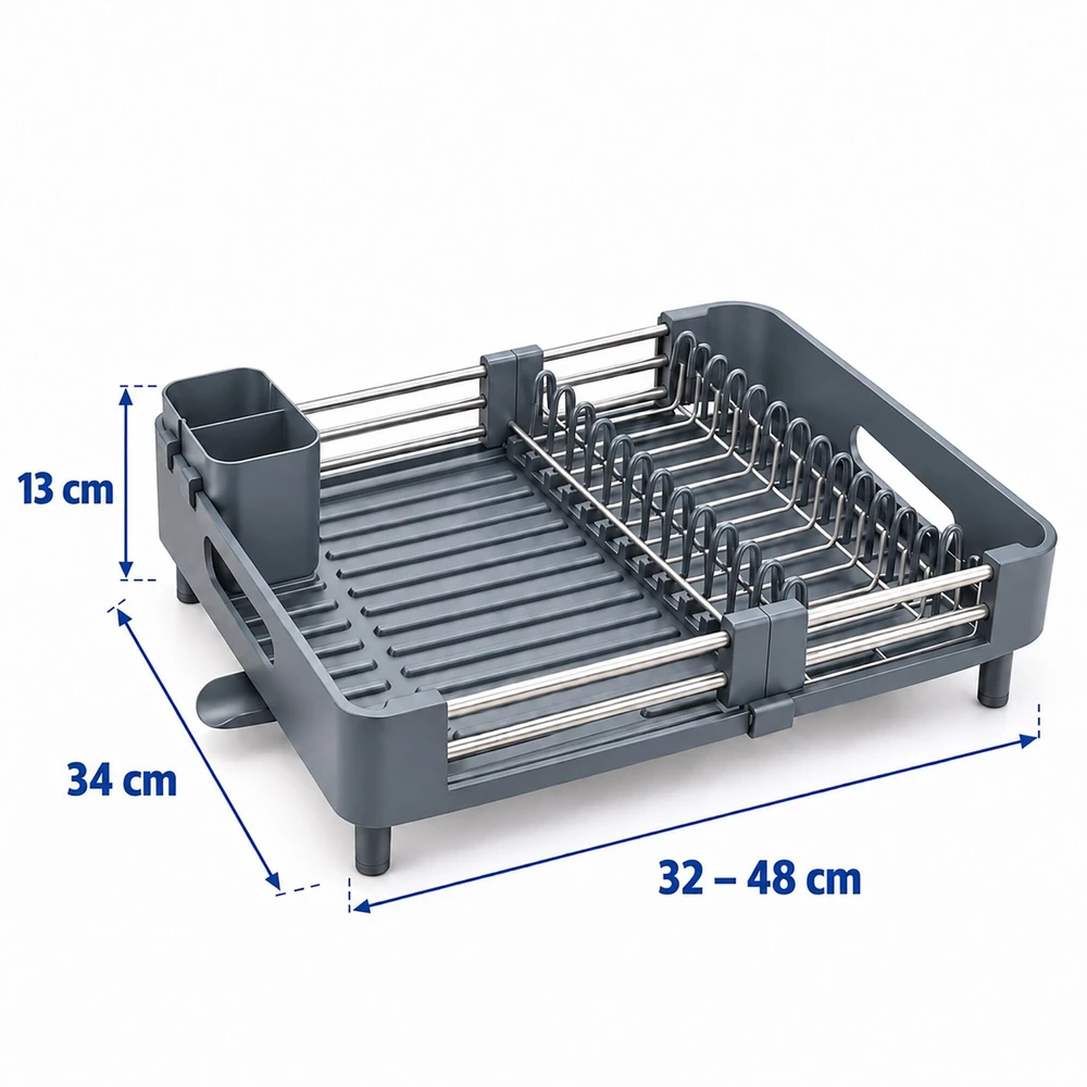 Relaxdays Ištraukiama nerūdijančio plieno indų džiovykla su stalo įrankių krepšeliu
