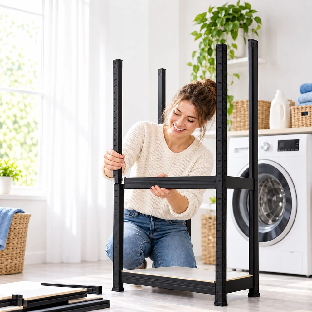 Relaxdays Juoda skalbimo mašinos lentyna, plienas ir MDF, iki 200 kg
