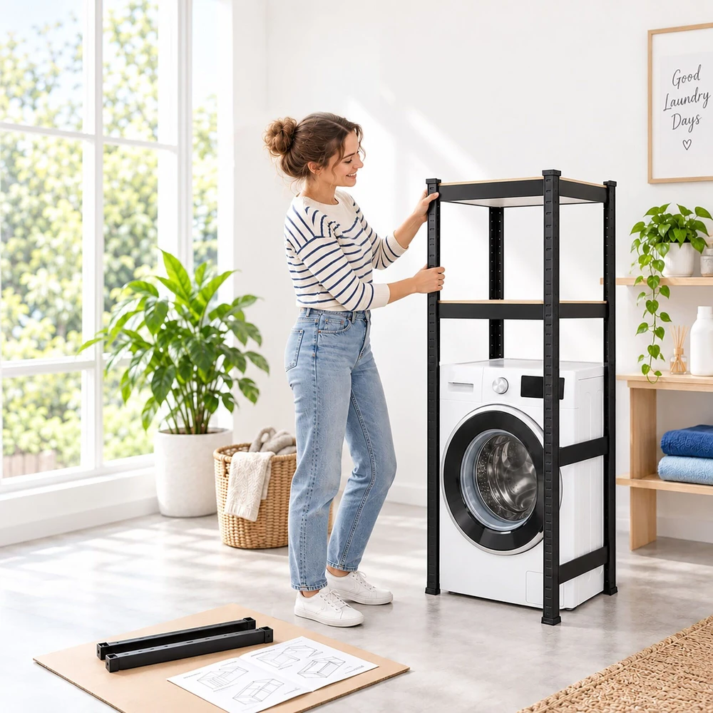 Relaxdays Juoda skalbimo mašinos lentyna, plienas ir MDF, iki 200 kg