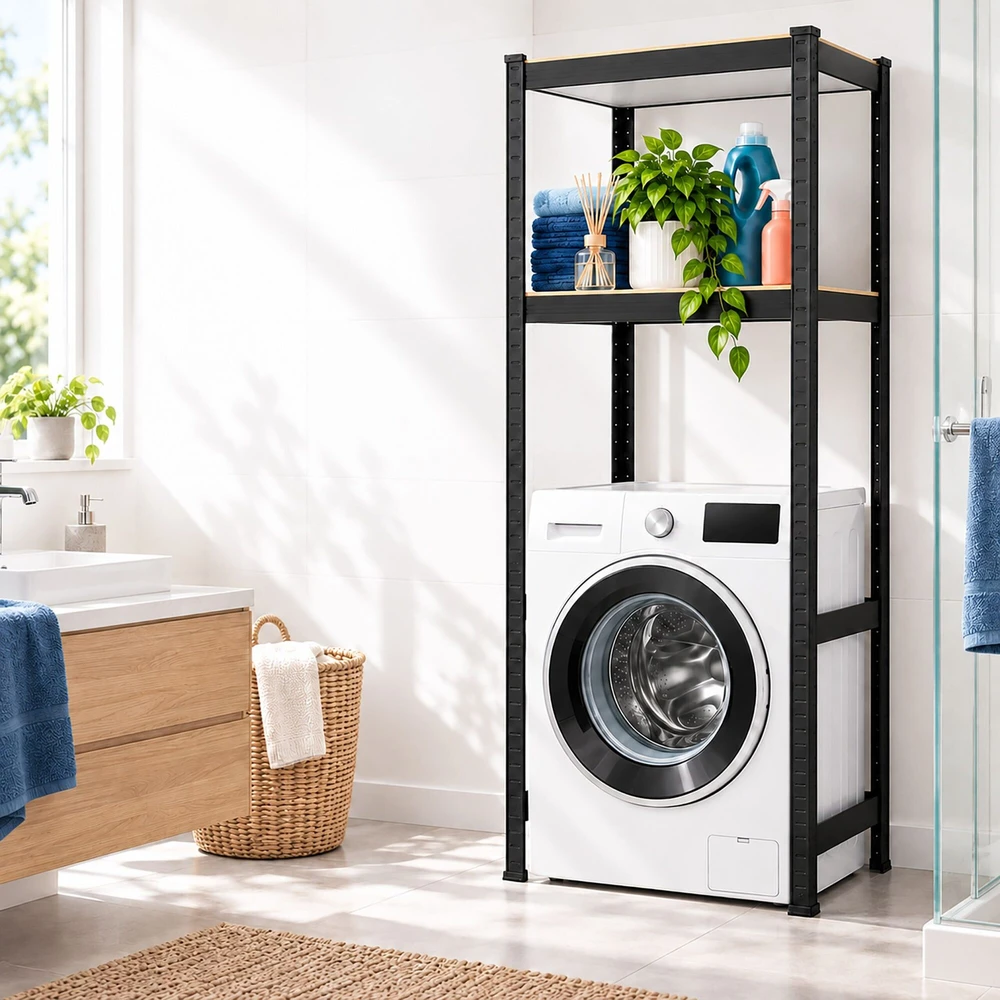 Relaxdays Juoda skalbimo mašinos lentyna, plienas ir MDF, iki 200 kg