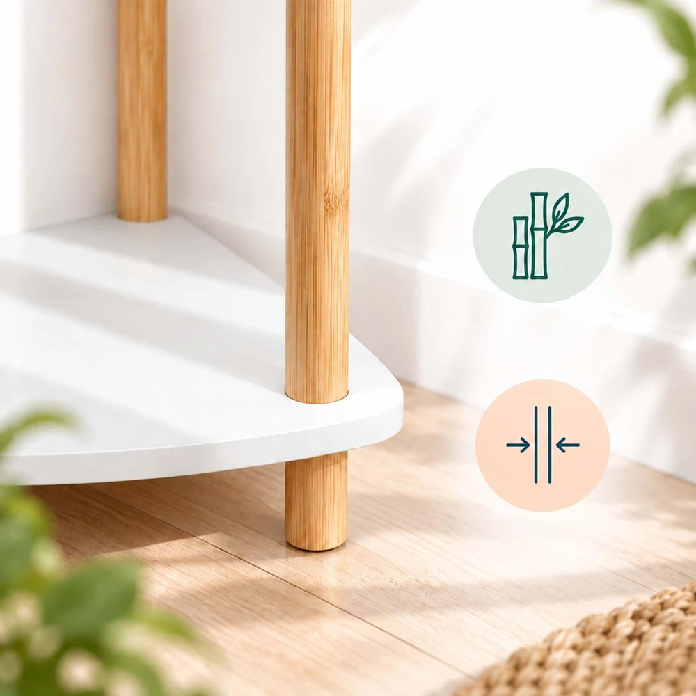 Relaxdays Kampinė lentyna 5 aukštų, trikampė, su bambukinėmis kojelėmis ir MDF lentynomis