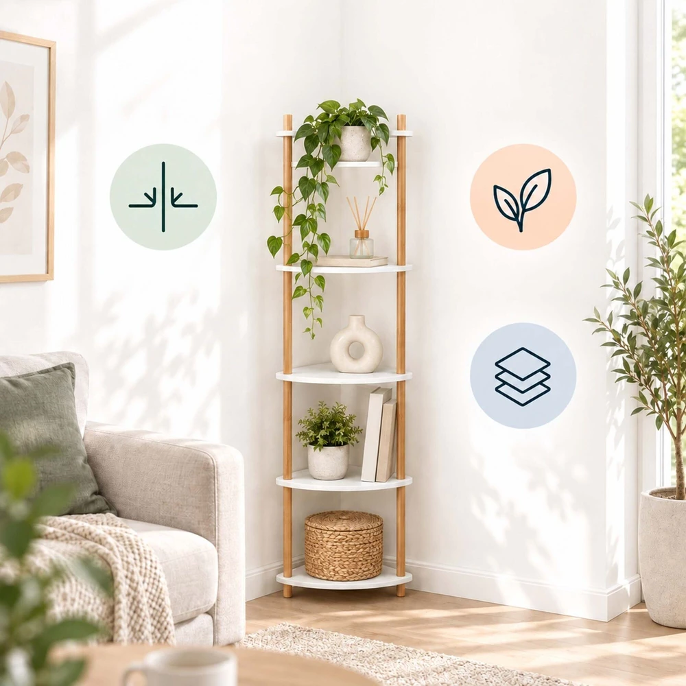 Relaxdays Kampinė lentyna 5 aukštų, trikampė, su bambukinėmis kojelėmis ir MDF lentynomis