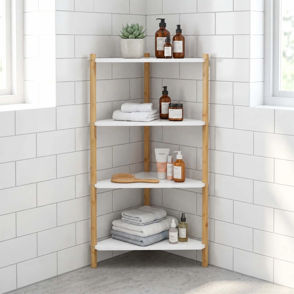 Relaxdays Kampinė lentyna iš bambuko ir MDF, trikampė, laisvai stovinti svetainei