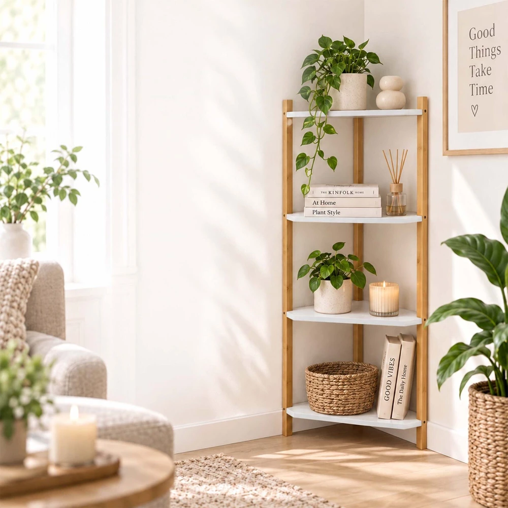 Relaxdays Kampinė lentyna iš bambuko ir MDF, trikampė, laisvai stovinti svetainei