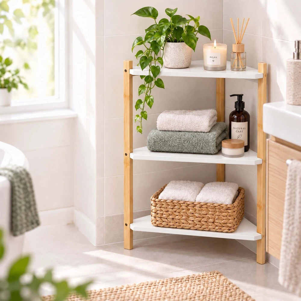 Relaxdays Kampinė lentyna iš bambuko ir MDF, trikampė, laisvai stovinti svetainei