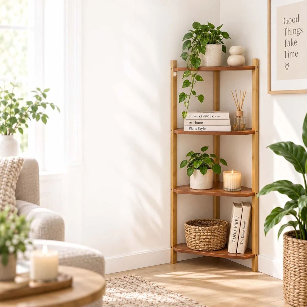 Relaxdays Kampinė lentyna iš bambuko ir MDF, trikampė, laisvai stovinti svetainei