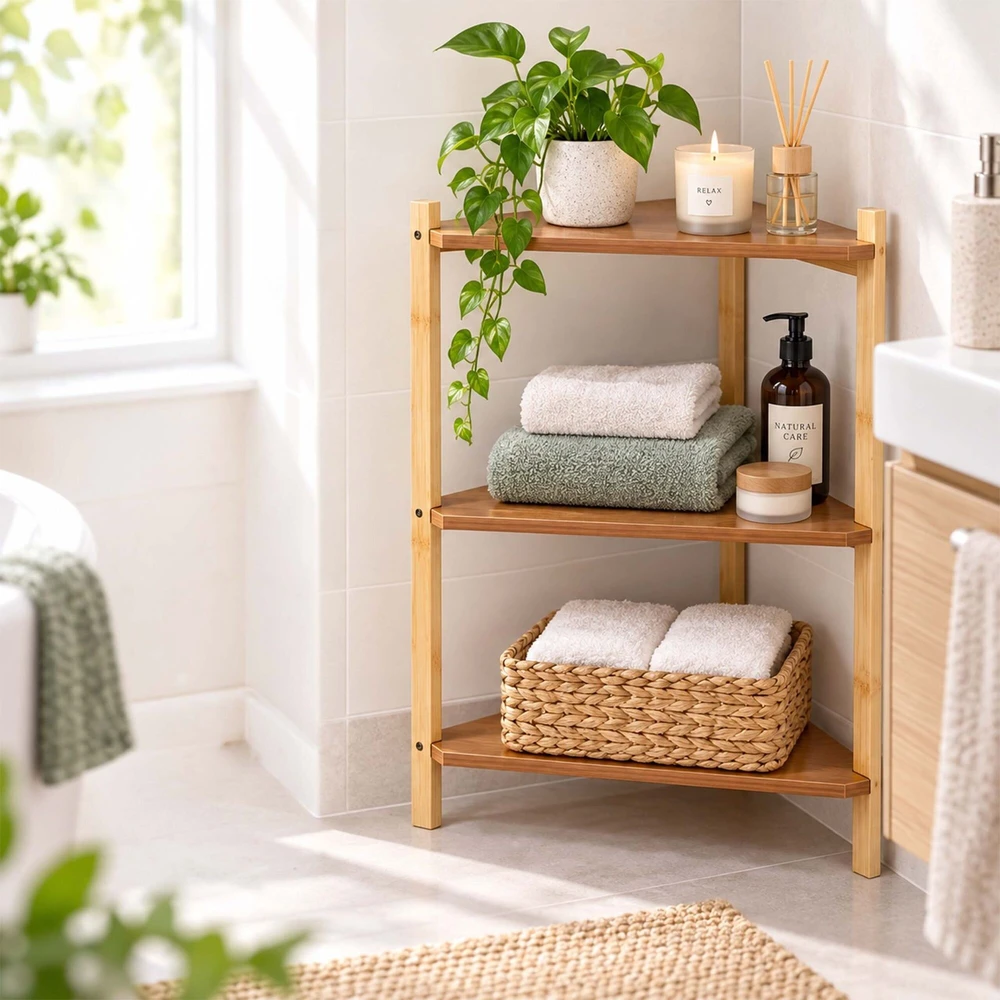 Relaxdays Kampinė lentyna iš bambuko ir MDF, trikampė, laisvai stovinti svetainei