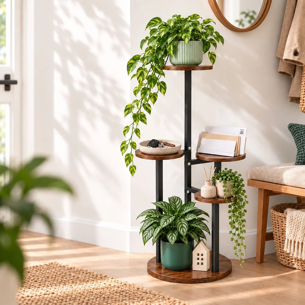 Relaxdays Kelių pakopų gėlių vazonų lentyna su apvaliomis lentynomis ir stabiliu pagrindu