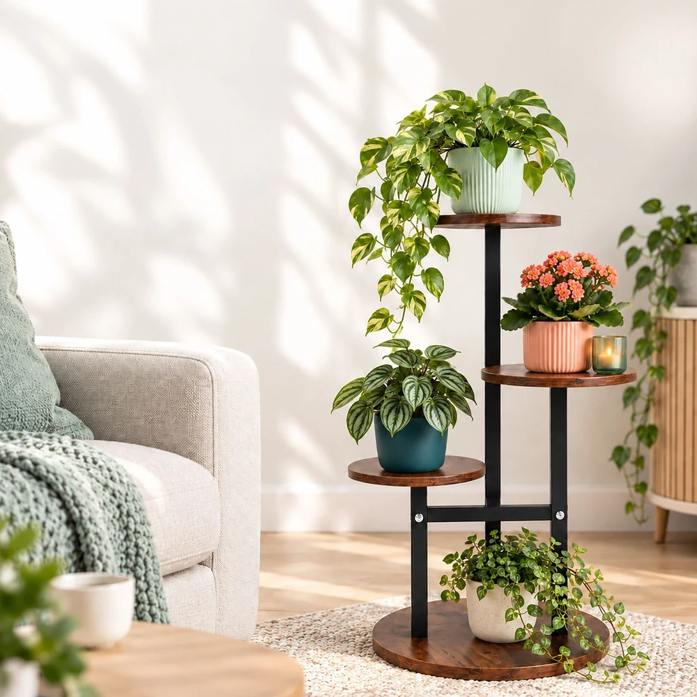 Relaxdays Kelių pakopų gėlių vazonų lentyna su apvaliomis lentynomis ir stabiliu pagrindu