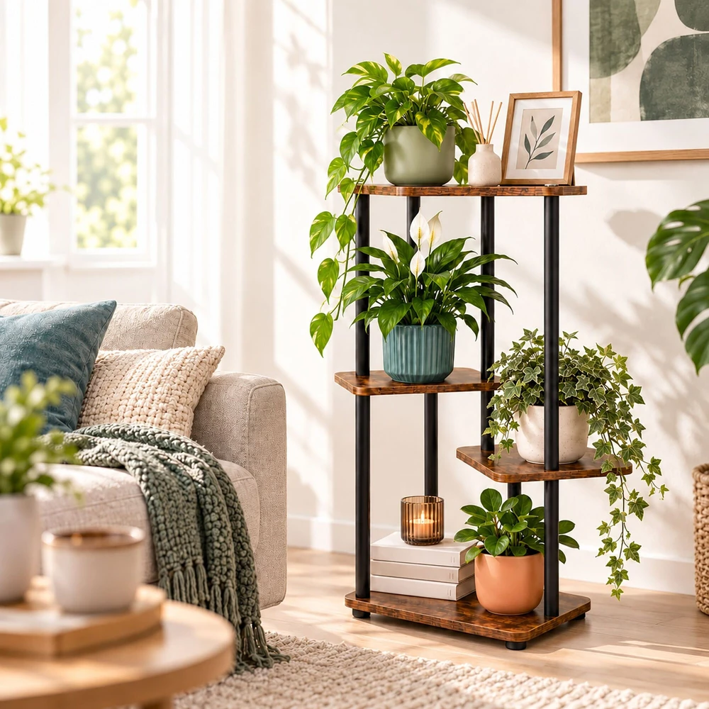 Relaxdays Kelių pakopų gėlių vazonų lentyna su kvadratinėmis lentynomis ir stabiliu pagrindu