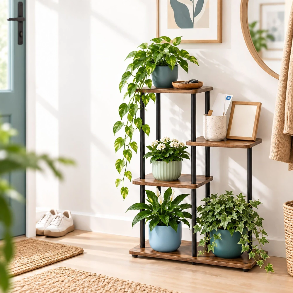 Relaxdays Kelių pakopų gėlių vazonų stovas iš metalo ir MDF, juodas rėmas, rudos lentynos