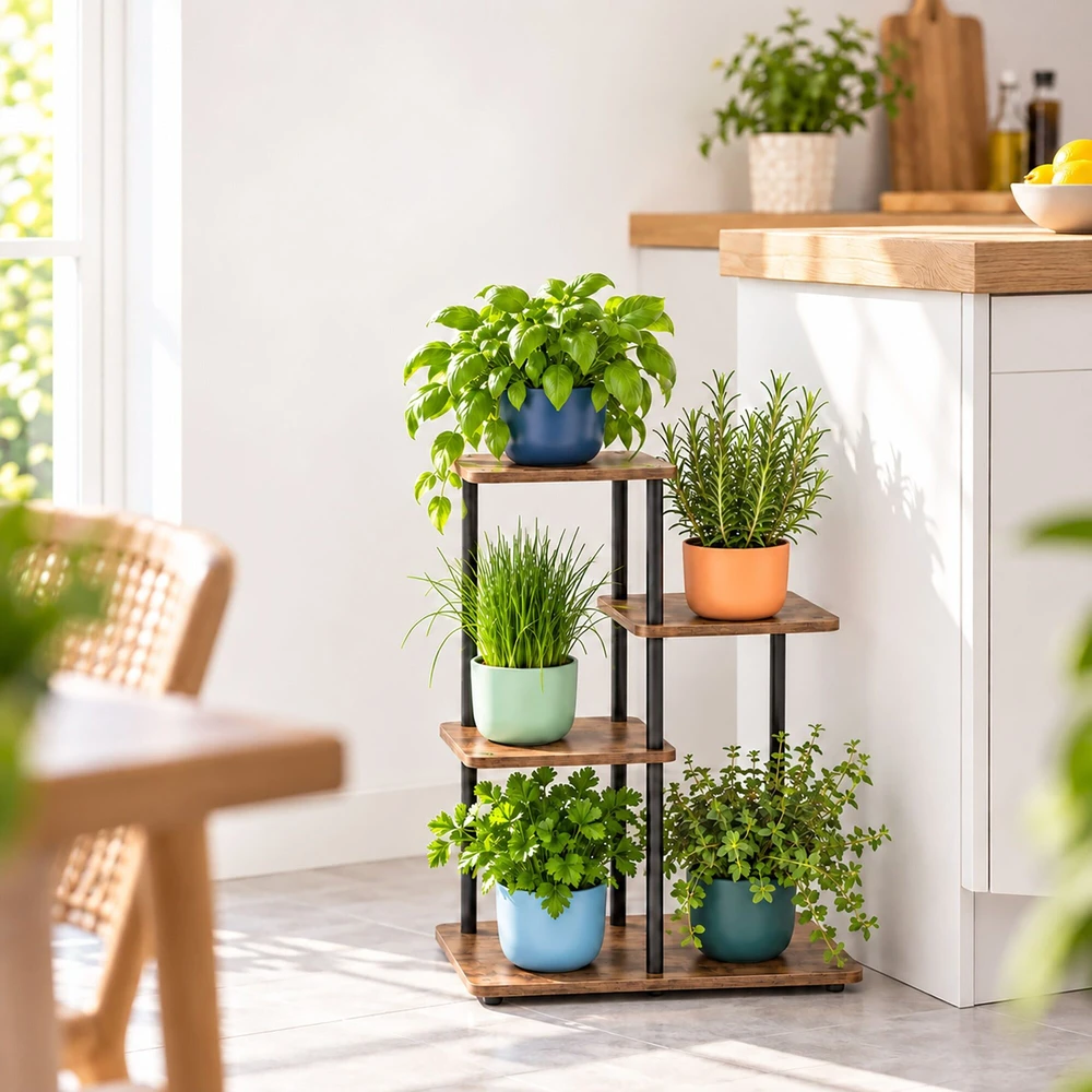 Relaxdays Kelių pakopų gėlių vazonų stovas iš metalo ir MDF, juodas rėmas, rudos lentynos
