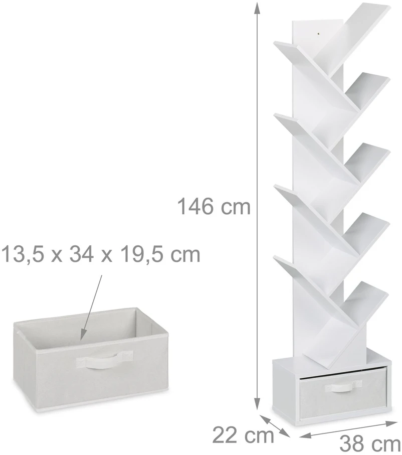 Relaxdays 9 lygių medžio formos knygų lentyna su stalčiumi