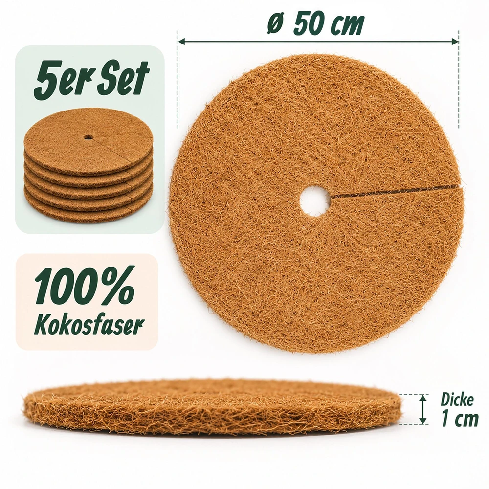 Relaxdays Kokoso pluošto diskai gėlėms, 5 vnt. rinkinys, 10 mm storio su anga ir plyšiu