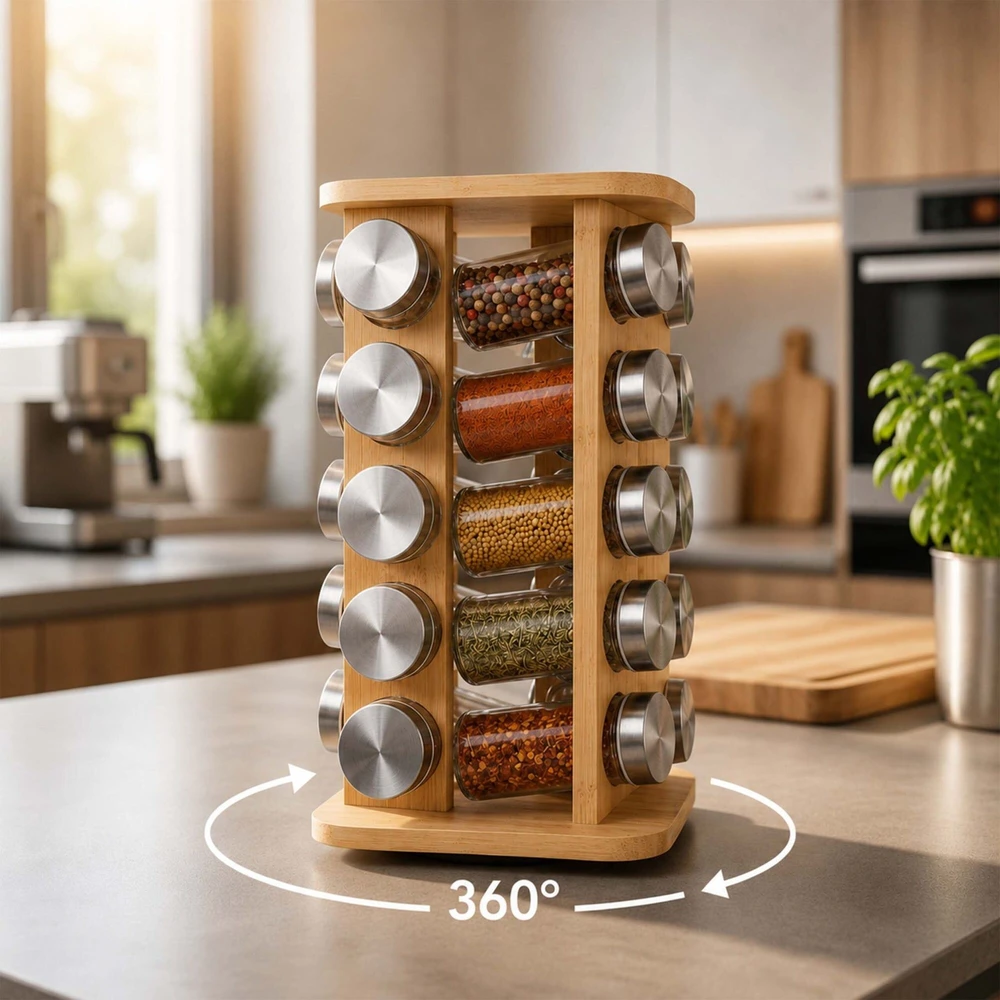 Relaxdays Kvadratinė bambukinė prieskonių karuselė su stiklainiais, sukasi 360°