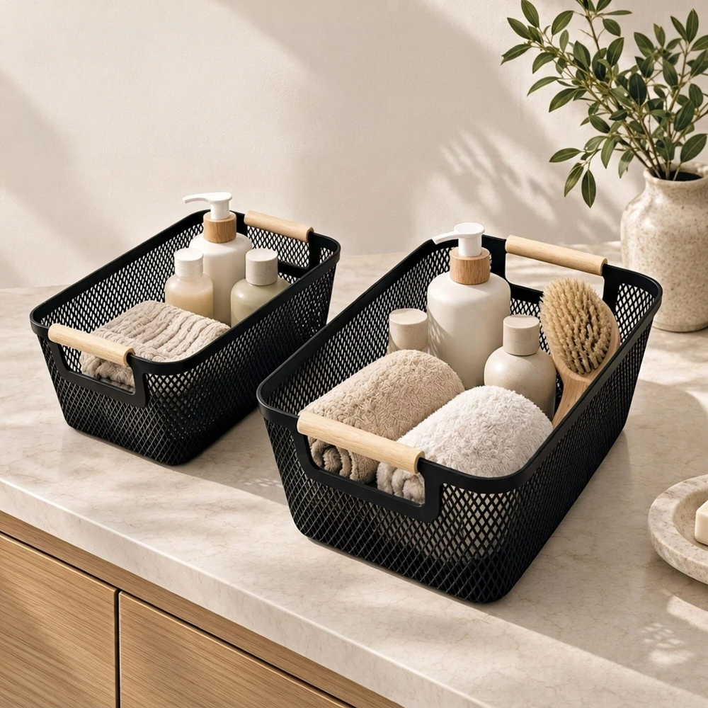 Relaxdays Laikymo krepšelių rinkinys, 6 vnt., 2 dydžiai, plastikas, medinės rankenos