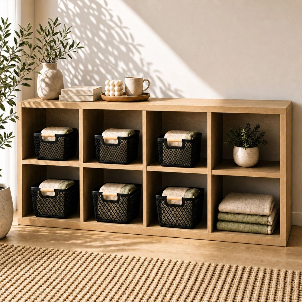 Relaxdays Laikymo krepšelių rinkinys, 6 vnt., 2 dydžiai, plastikas, medinės rankenos
