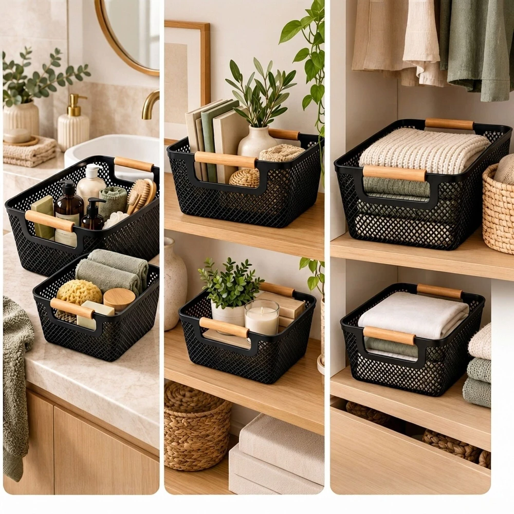 Relaxdays Laikymo krepšelių rinkinys, 6 vnt., 2 dydžiai, plastikas, medinės rankenos