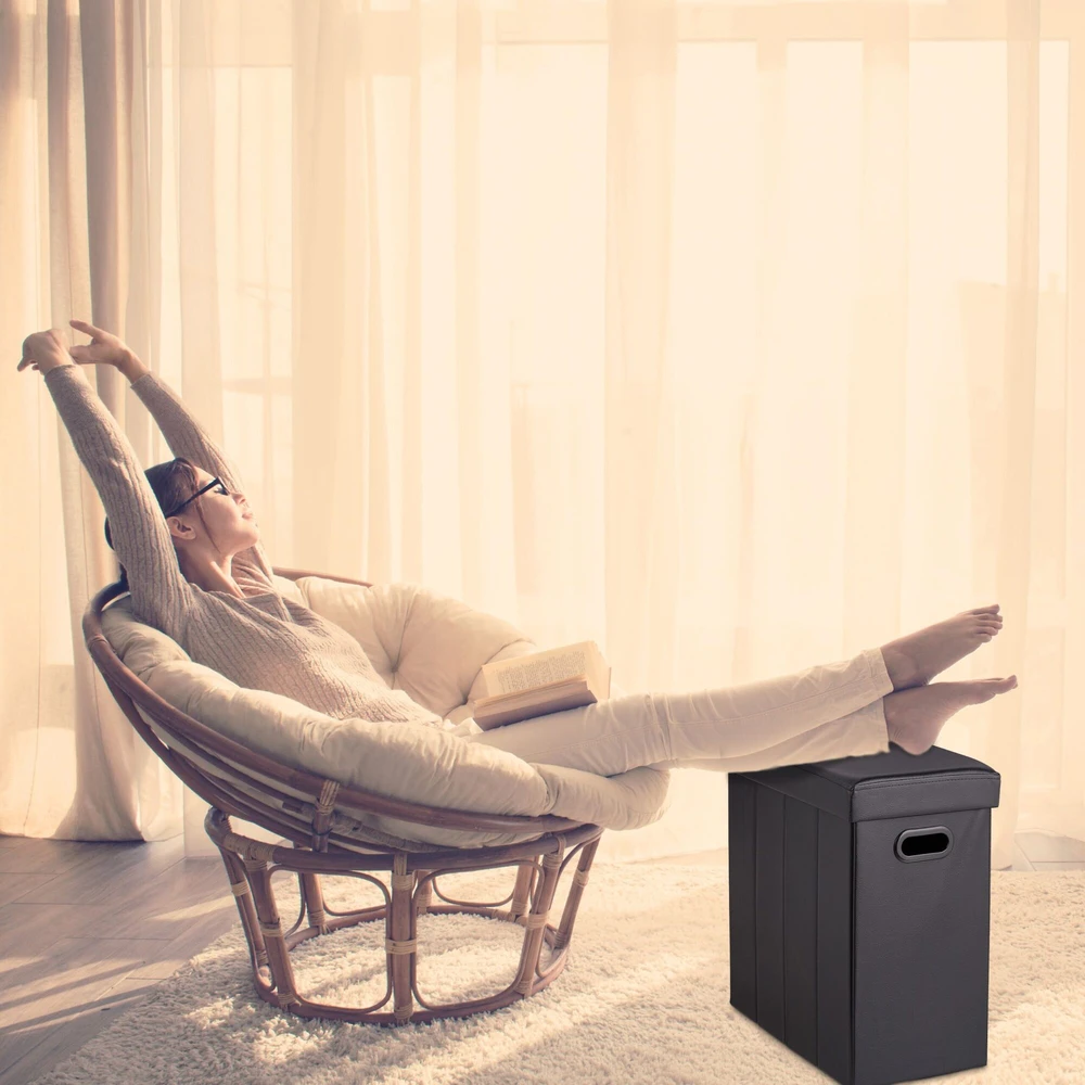 Relaxdays Daiktadėžė taburetė iš juodos dirbtinės odos