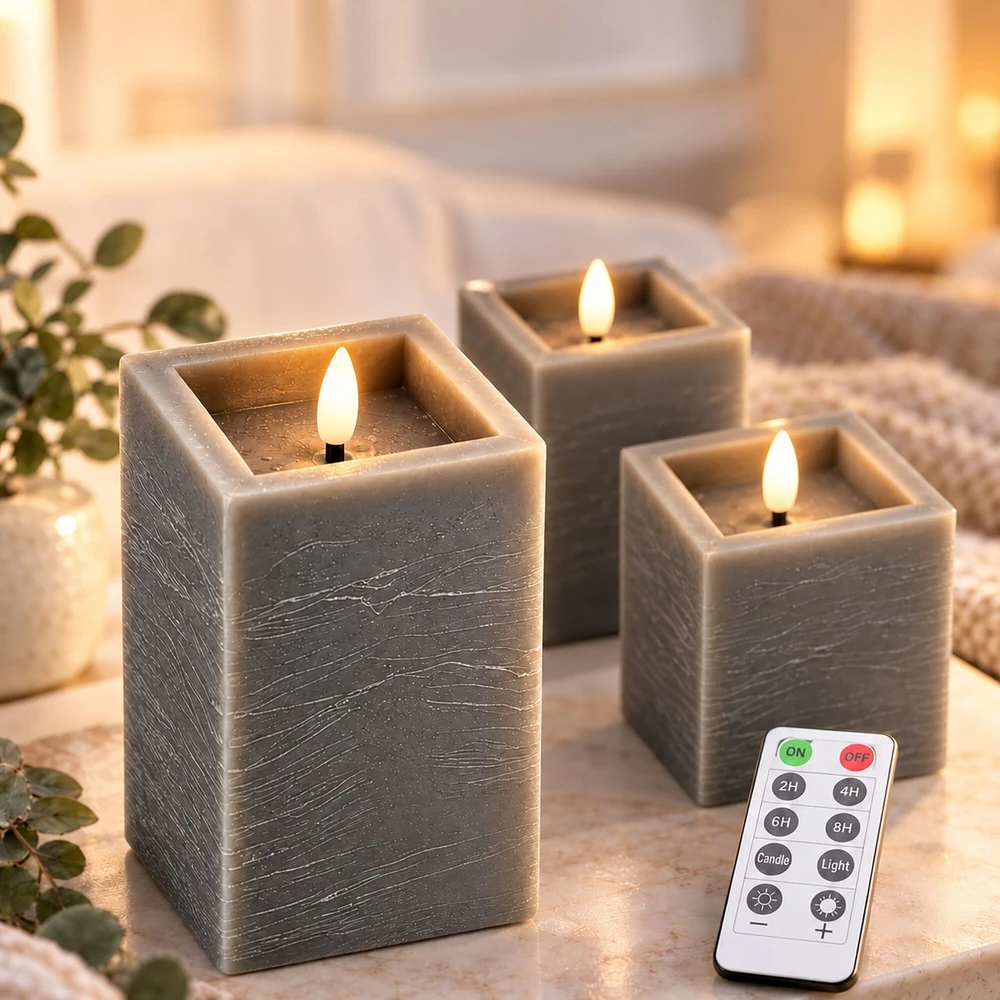 Relaxdays LED žvakių rinkinys, 3 vnt., betono imitacija, su nuotolinio valdymo pulteliu