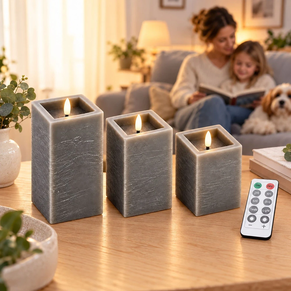 Relaxdays LED žvakių rinkinys, 3 vnt., betono imitacija, su nuotolinio valdymo pulteliu