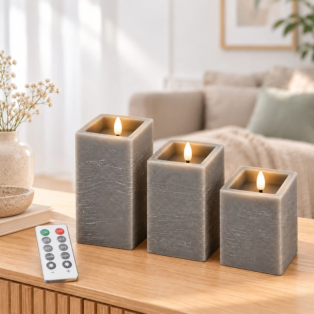 Relaxdays LED žvakių rinkinys, 3 vnt., betono imitacija, su nuotolinio valdymo pulteliu