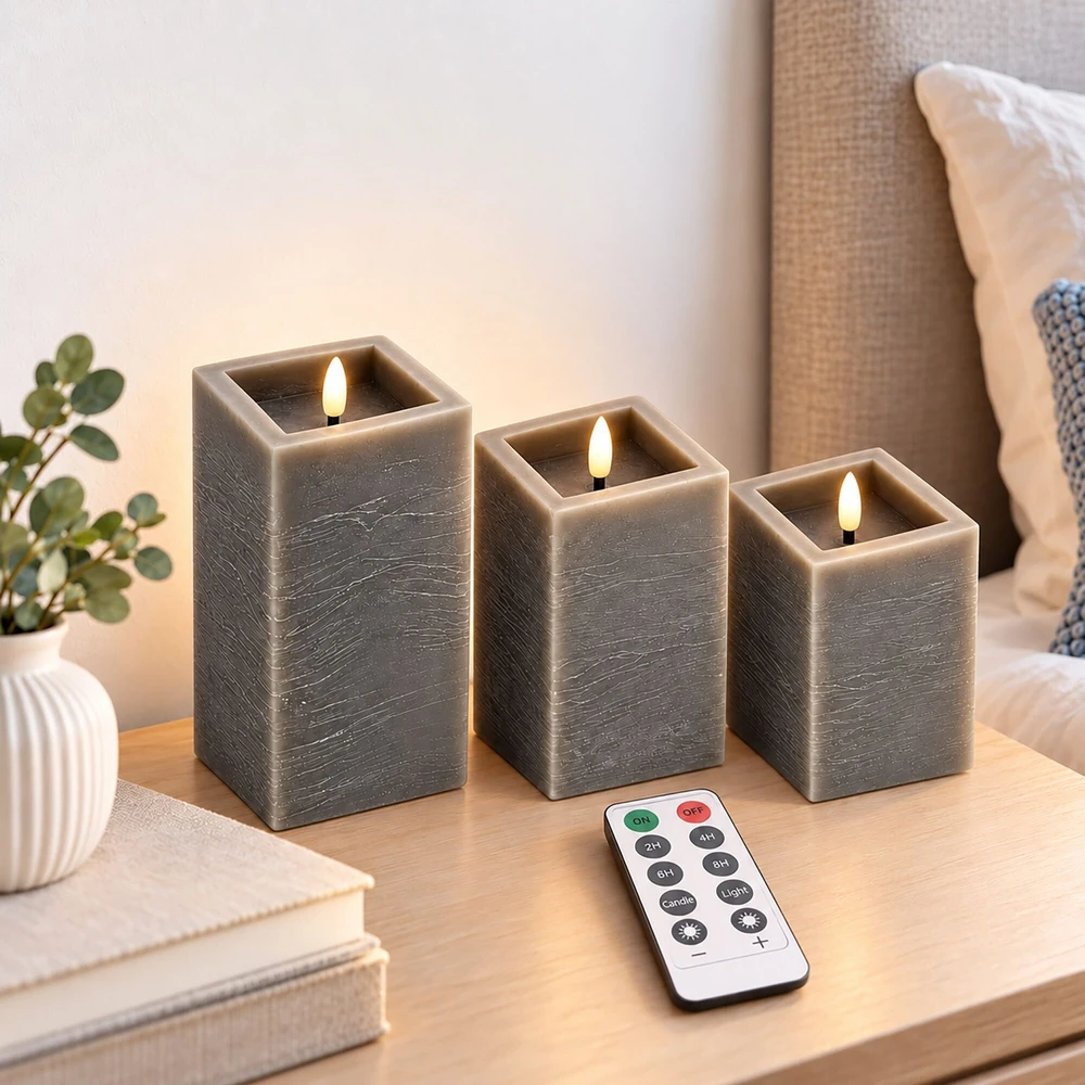 Relaxdays LED žvakių rinkinys, 3 vnt., betono imitacija, su nuotolinio valdymo pulteliu