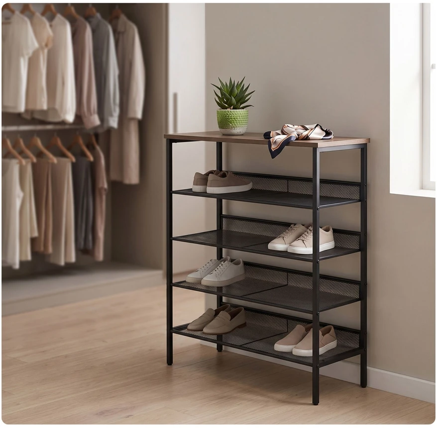 Relaxdays Metalinis ir MDF batų stovas, 5 lentynos