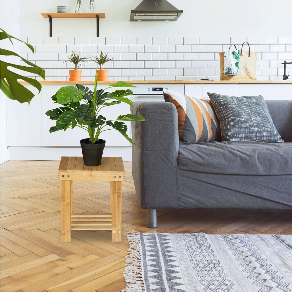 Relaxdays Bambukinė kojų kėdutė su lentyna