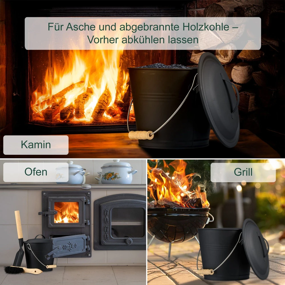 Relaxdays Pelenų kibiras su dangčiu ir šlavimo rinkinys 4,5 l