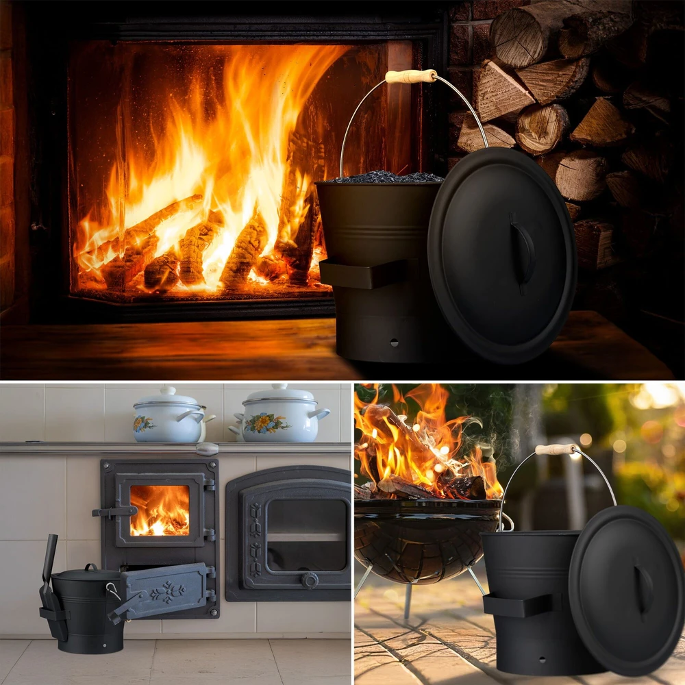 Relaxdays Pelenų kibiras su dangčiu ir šlavimo rinkinys 7,5 L