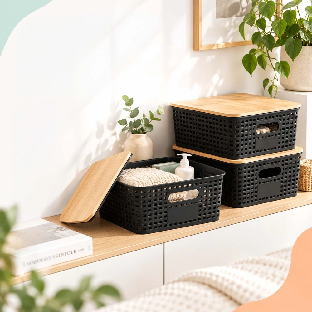 Relaxdays Perforuotų sudedamų daiktadėžių su bambukiniu dangčiu rinkinys