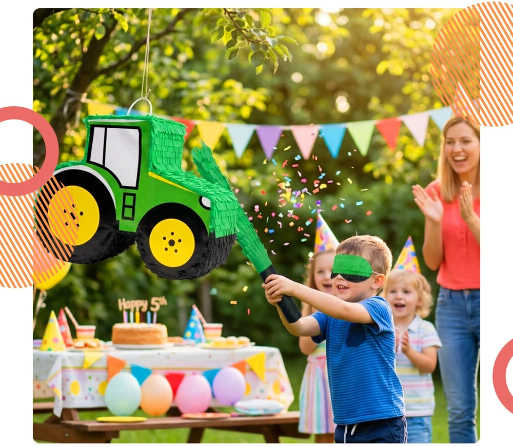 Relaxdays Traktoriaus piñata su lazda ir kauke