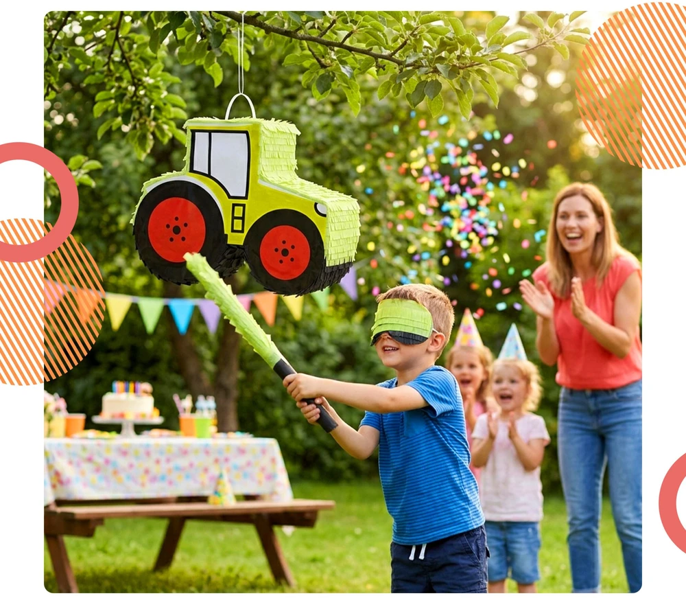 Relaxdays Traktoriaus piñata su lazda ir kauke