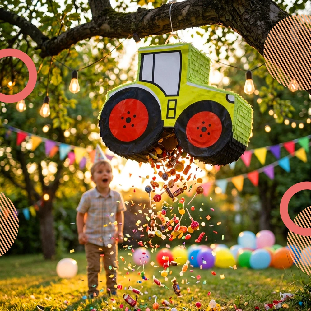 Relaxdays Traktoriaus piñata su lazda ir kauke