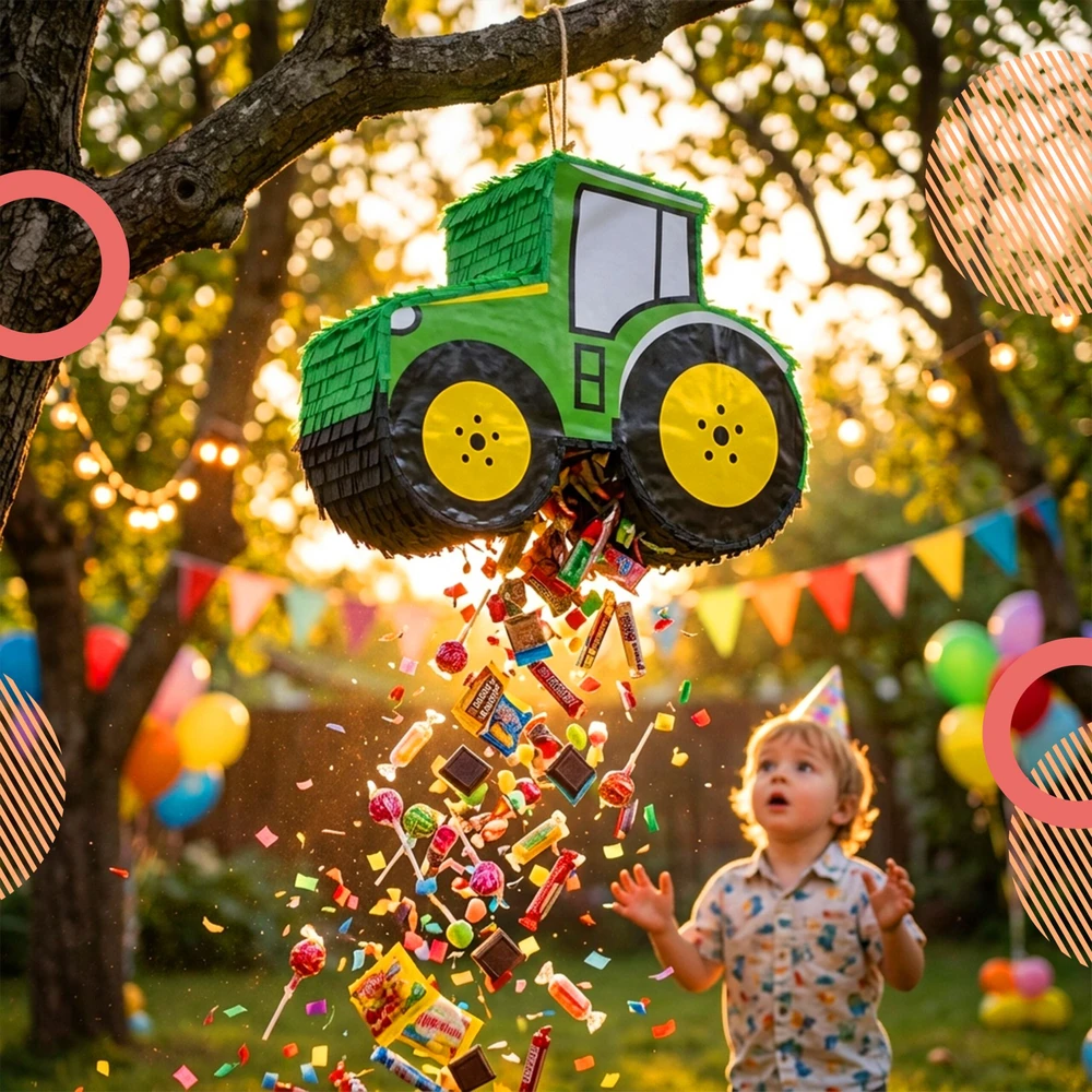 Relaxdays Traktoriaus piñata su lazda ir kauke