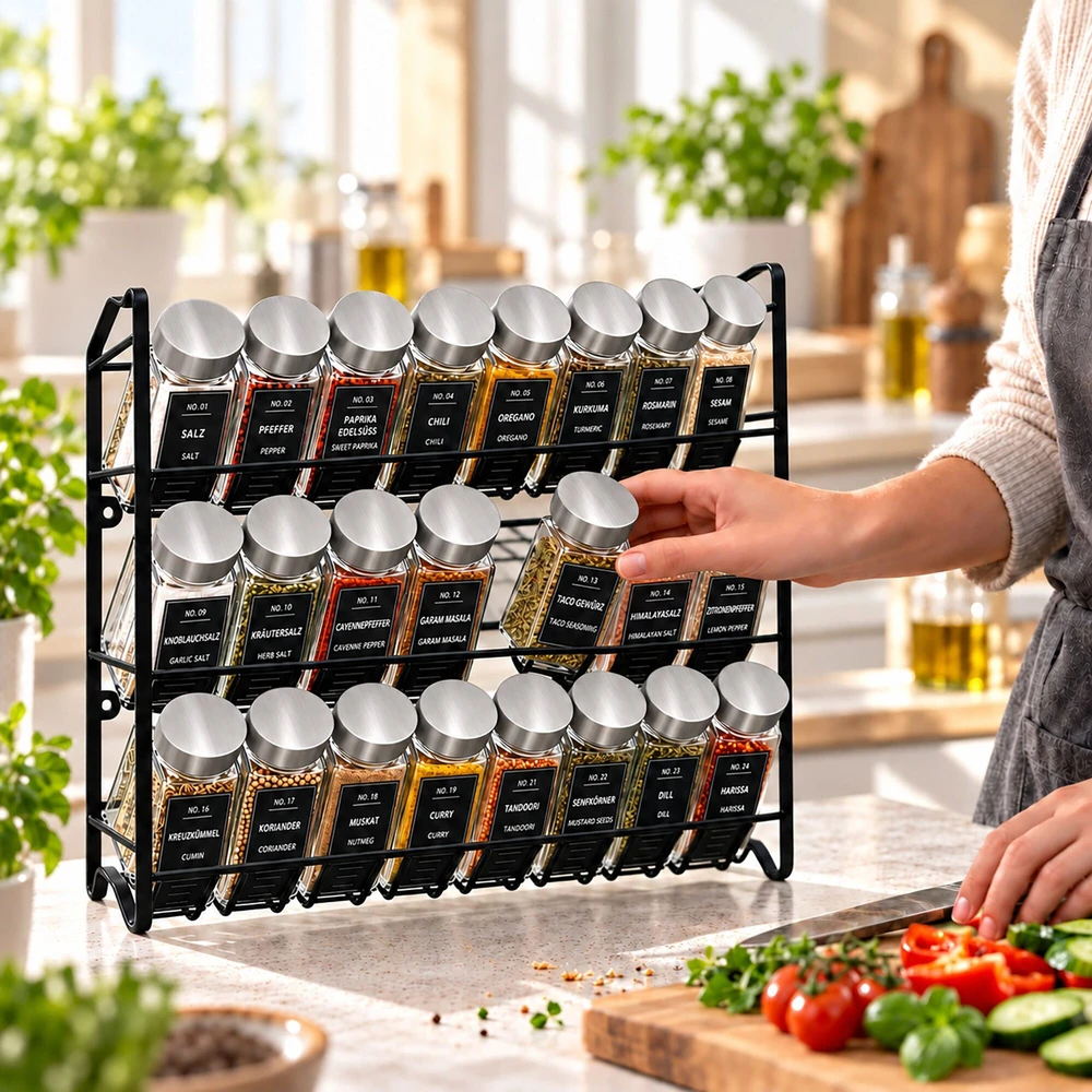Relaxdays Prieskonių stovas su 24 indeliais, ant sienos ar stalo, 480 etikečių