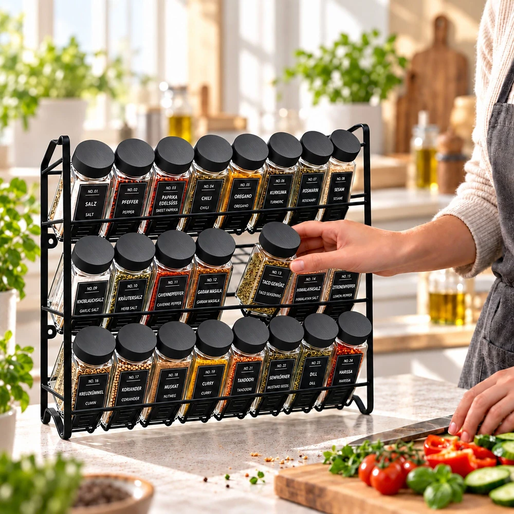Relaxdays Prieskonių stovas su 24 indeliais, ant sienos ar stalo, 480 etikečių