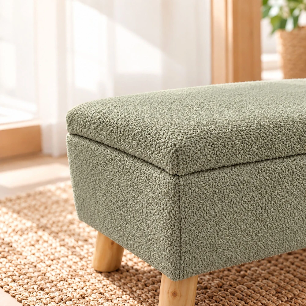 Relaxdays Pufas su daiktadėže, minkštas dangtis, buklė audinys, medinės kojelės, 28 x 40 x 30 cm