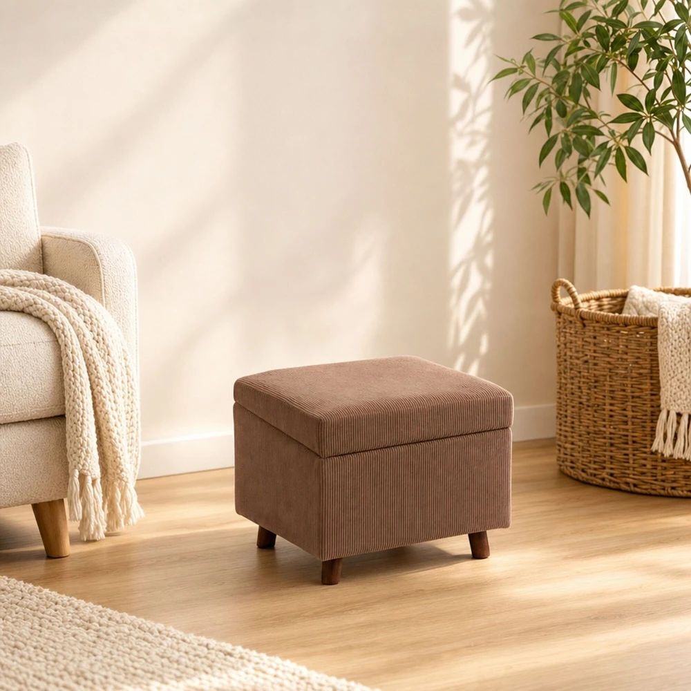 Relaxdays Pufas su daiktadėže, rievėtas pliušas, MDF konstrukcija, medinės kojelės