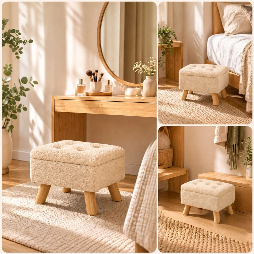 Relaxdays Pufas su daiktadėže, teddy audinys, MDF korpusas, medinėmis kojelėmis