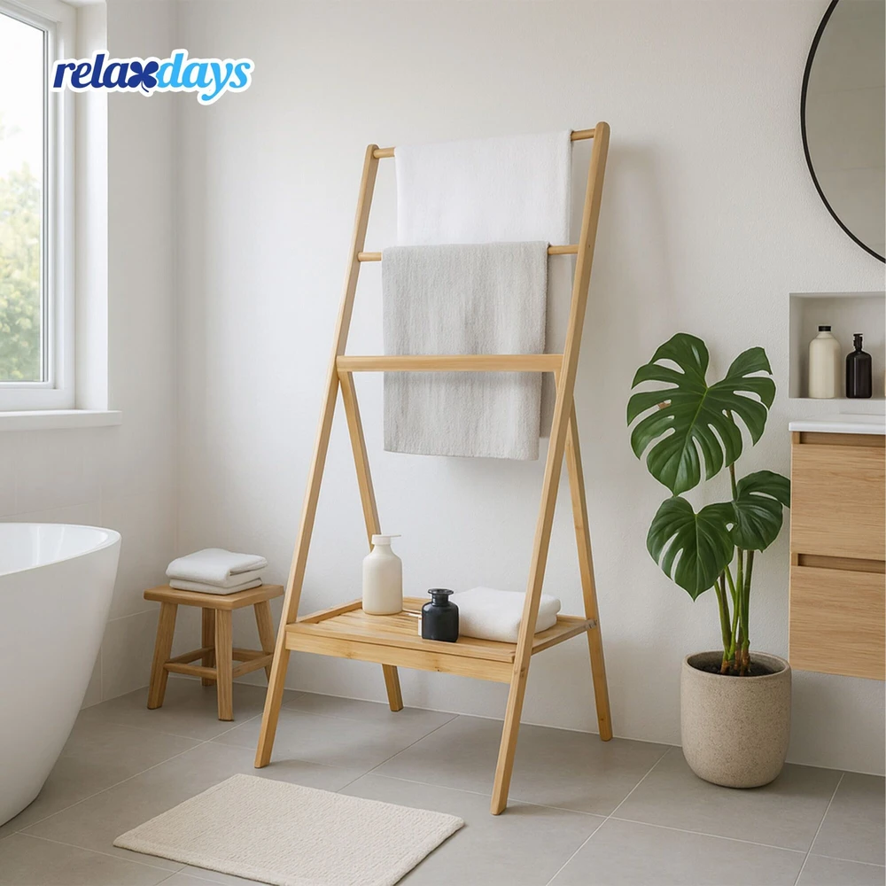 Relaxdays Bambukinė rankšluosčių kabykla su lentyna