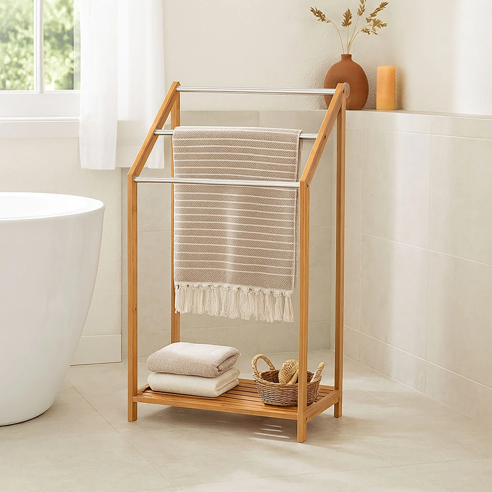 Relaxdays Bambukinis rankšluosčių laikiklis, 3 rankšluosčių skersiniai