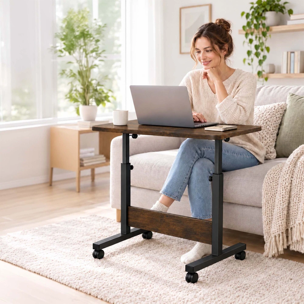 Relaxdays Reguliuojamas nešiojamojo kompiuterio stalas ant ratukų, juoda-ruda, 67-90 cm